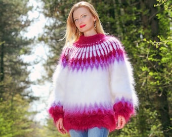 Icelandic white purple mohair sweater ready to ship SuperTanya handmade Nordic pullover - size L