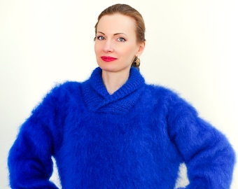 SuperTanya shawl collar mohair sweater hand knitted thick pullover