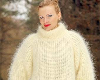 Ribbed mohair sweater hand knitted fuzzy mohair pullover by SuperTanya