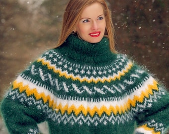 Green mohair sweater Icelandic fuzzy hand knitted jumper SUPERTANYA, ready to ship, size L-XL