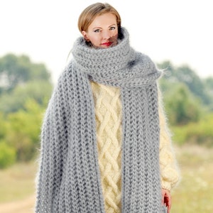 Extra long gray scarf fuzzy mohair shawl handmade fuzzy wrap, SuperTanya premium knitwear, READY TO SHIP