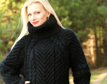 Cable knit sweater hand knitted thick mohair pullover fuzzy jumper by SuperTanya