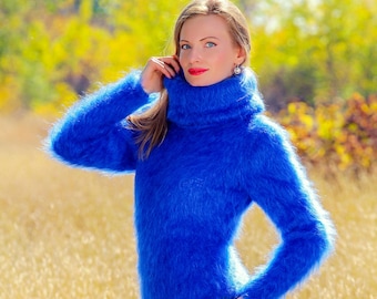 Fuzzy mohair bodysuit with extra long turtleneck, SuperTanya handmade knitwear, made to order
