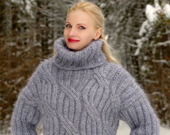 Kabelgestrickter Mohairpullover Handgestrickter Rollkragenpullover von SuperTanya