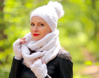 SuperTanya white mohair scarf hat and gloves cable knit wool set handmade shawl hat hand warmers READY TO SHIP