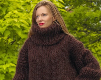 Dark brown turtleneck sweater hand knitted with 10 strands mohair by SuperTanya