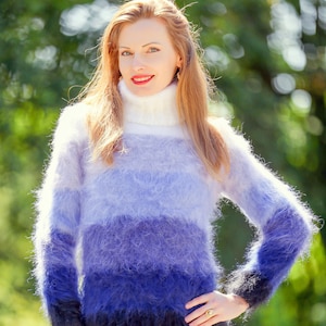 Blue white mohair sweater with stripes by SuperTanya, ready to ship, size XS-S image 1