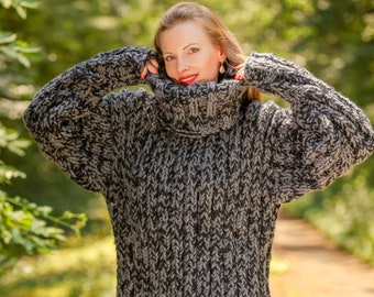 Thick chunky wool sweater hand crafted thick black grey jumper turtleneck pullover SuperTanya