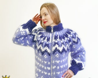 Thick blue Nordic mohair cardigan hand knitted sweater jacket with zipper by SuperTanya