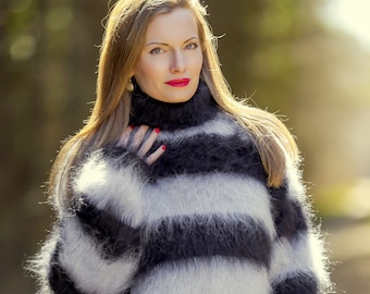 Handmade mohair sweater with stripes, designer fuzzy pullover. thick turtleneck jumper, SuperTanya premium knitwear, made to order