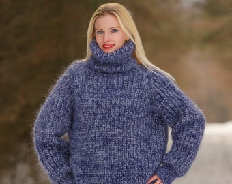 Ribbed mohair sweater hand knitted fuzzy mohair pullover by SuperTanya