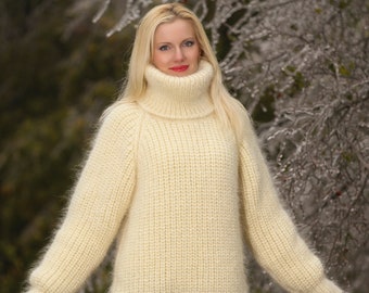 Ribbed mohair sweater hand knitted fuzzy mohair pullover by SuperTanya