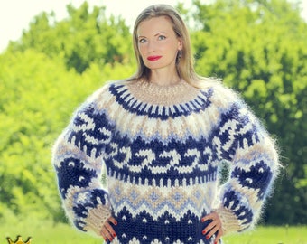 Icelandic mohair sweater hand knit Nordic pullover in blue, beige and white by SuperTanya