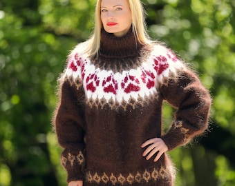 Brown Icelandic mohair sweater Nordic jumper pullover with paws by SuperTanya - Ready to Ship - Size L-XL