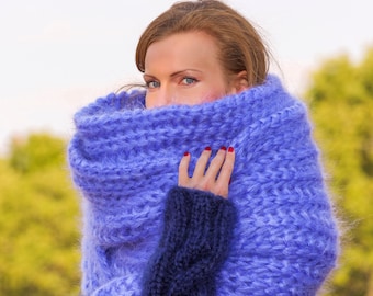 Extra long blue fuzzy mohair scarf handmade fuzzy shawl READY TO SHIP