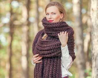 Foulard en mohair flou extra long marron châle flou fait à la main PRÊT À EXPÉDIER