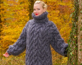 SuperTanya grey mohair sweater thick cable pullover ready to ship - size XL