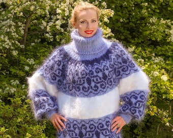 SuperTanya blue mohair sweater dress luxury designer pullover thick fuzzy jumper READY to SHIP size L (Large)