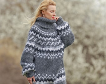 Gray Icelandic mohair sweater Nordic jumper colorful mohair pullover by SuperTanya - Ready to Ship - Size L-XL