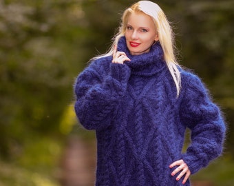 Custom hand knitted mohair sweater blue thick cable knit pullover by SuperTanya