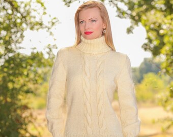 Fuzzy mohair sweater hand knitted light top cable knit pullover custom made blouse by SuperTanya