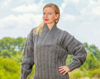 Thick shawl collar wool sweater hand knitted wool pullover ribbed jumper by SuperTanya