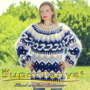 Icelandic mohair sweater hand knit Nordic pullover in blue, beige and white by SuperTanya