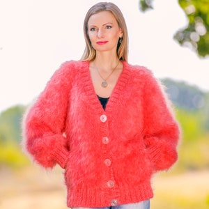 SuperTanya coral red fuzzy mohair cardigan - Ready to Ship L / XL size