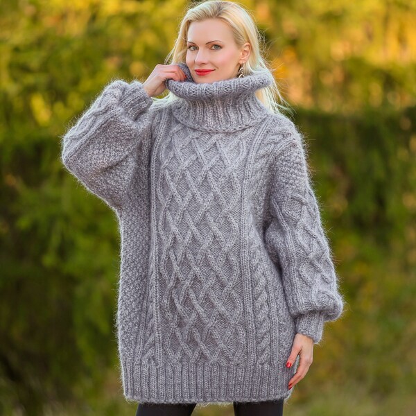 Aran mohair sweater cable pullover thick hand knitted fuzzy wool jumper cable pullover by SuperTanya