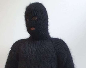 Ready to ship mohair catsuit with balaclava fuzzy black overall with socks mittens fluffy bodysuit mohair zentai size L