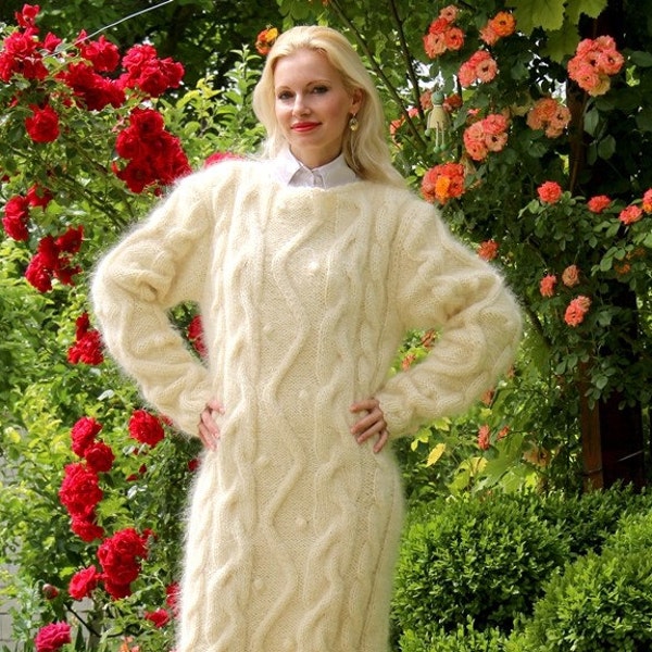 Bespoke unique dress handmade cable knit mohair dress ivory off white dress by SuperTanya