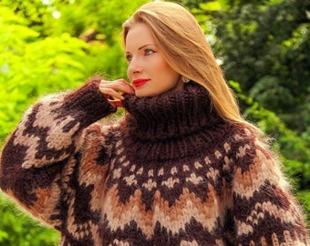 Brown Icelandic mohair sweater hand knitted mega thick pullover heavy jumper by SuperTanya