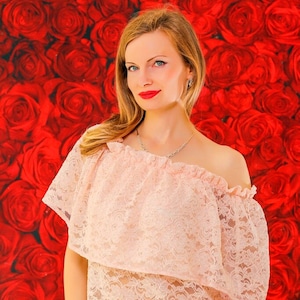 Elegante rosa florale Spitze Top Sommer schulterfreie Bluse Tunika SUPERTANYA - sofort versandfertig