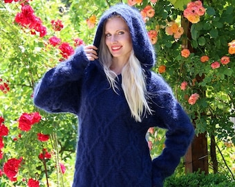 Custom hoodie thick pullover fuzzy hand knitted mohair sweater with hood by SuperTanya