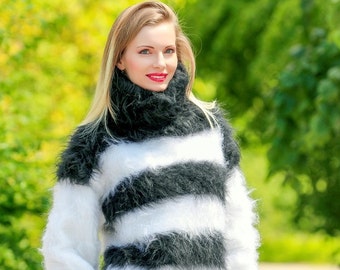 Black white striped sweater hand knitted fuzzy pullover by SuperTanya