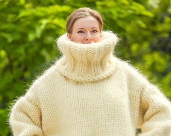 Very thick turtleneck mohair sweater ivory cream heavy pullover hand knitted with 10 strands by SuperTanya