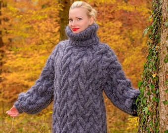 Cable knit mohair sweater hand knitted thick fuzzy warm pullover SuperTanya