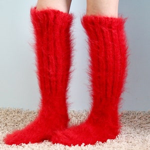 Fuzzy long mohair socks thick hand knitted leg warmers by SuperTanya