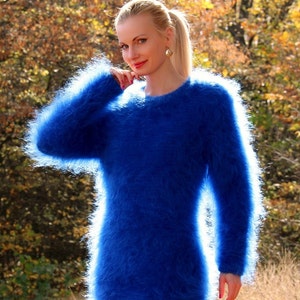 Fuzzy Blue Mohair Sweater Dress Hand Knitted Crewneck Tunic by - Etsy