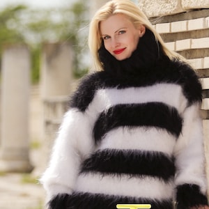 Striped mohair sweater black white turtleneck jumper hand knitted pullover by SuperTanya