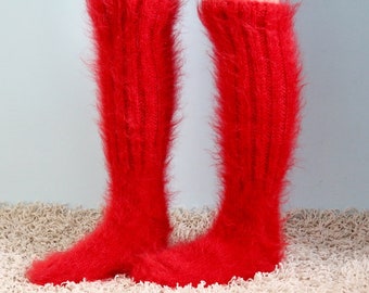 Fuzzy long mohair socks thick hand knitted leg warmers by SuperTanya