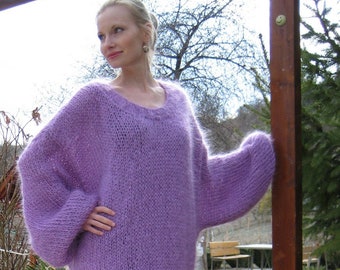 Purple slouchy mohair sweater dress hand knitted fuzzy mohair long pullover with wide sleeves by SuperTanya - MADE TO ORDER