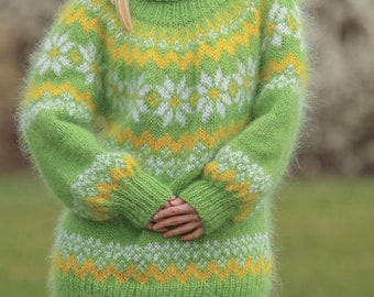 Green Icelandic mohair sweater Nordic jumper colorful mohair pullover by SuperTanya - Ready to Ship - Size L-XL