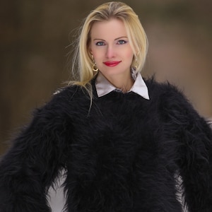 Thick fuzzy sweater black mohair pullover hand knitted  pullover crewneck jumper by SuperTanya, M-L size