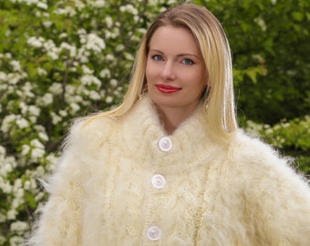 Fuzzy cable knit ivory mohair jacket by SuperTanya