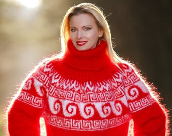Icelandic red mohair sweater hand knit thick fuzzy turtleneck sweater custom made by SuperTanya