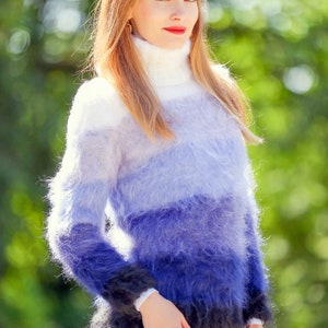 Blue white mohair sweater with stripes by SuperTanya, ready to ship, size XS-S image 4