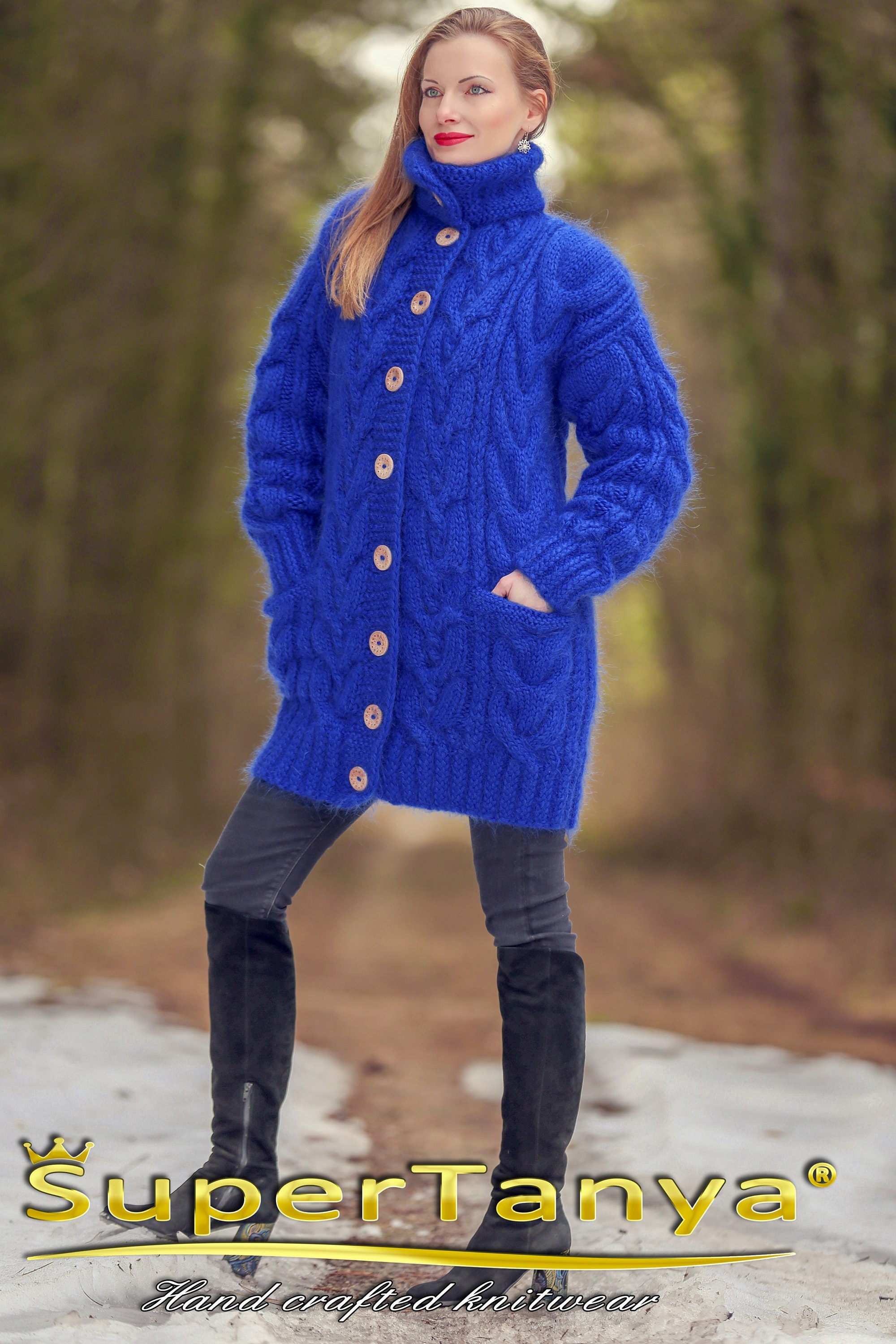 Blue Mohair Cardigan Long Sweater Jacket Designer Knitted Coat