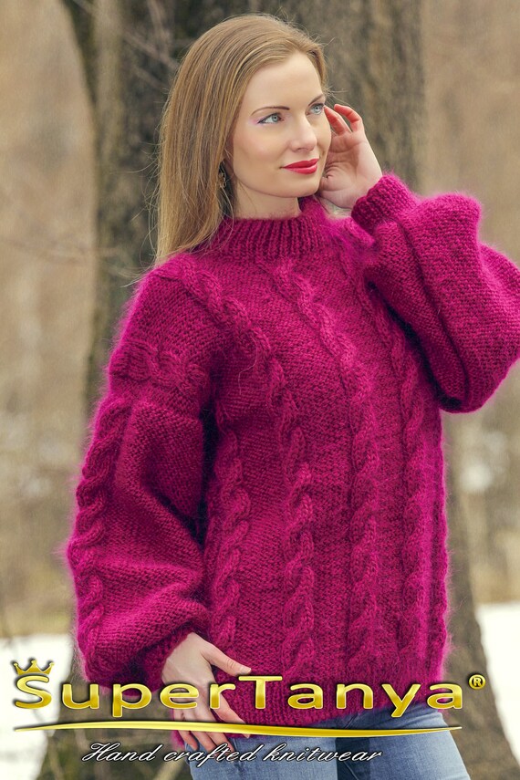 Purple mohair sweater cable knit handcrafted jumper by | Etsy