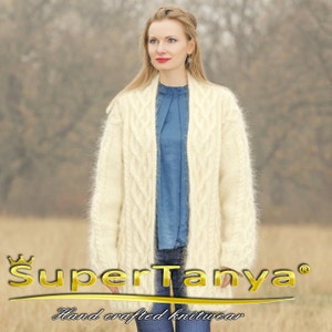 Exclusive cable ivory sweater cardigan fuzzy luxurious Aran mohair sweater jacket by SuperTanya, made to order